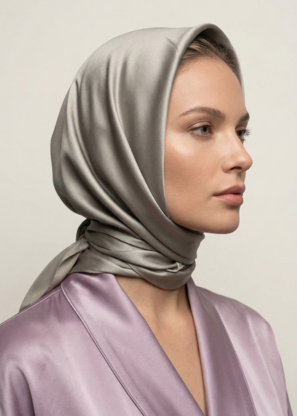 Silk squere scarf Zīda lakats vA woman looking to the right, modeling a light grey 19 momme silk square scarf tied elegantly over her head and around her neck in a classic cabriolet style, wearing a light purple silk robe.