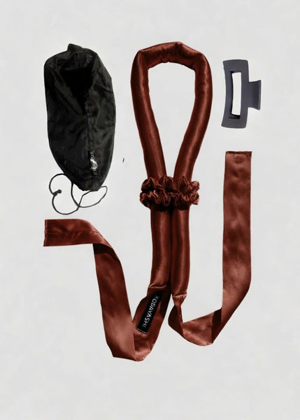 <img alt="brūns zīda matu rulls lokotājs ar lentām silk heatless curler"
