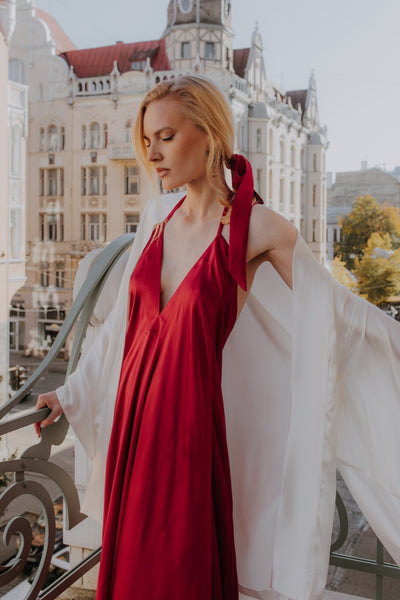 Mulberry silk Trapeze Silhouette Maxi Dress with Long Straps – One Size Fits Most
