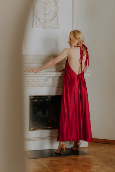 Mulberry silk Trapeze Silhouette Maxi Dress with Long Straps – One Size Fits Most