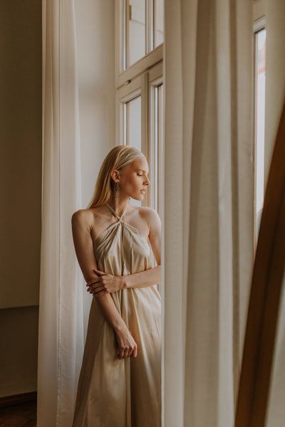 Mulberry silk Trapeze Silhouette Maxi Dress with Long Straps – One Size Fits Most