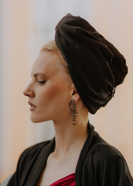 Baiba Ladiga pure silk microfiber hair drying turban in black- side view