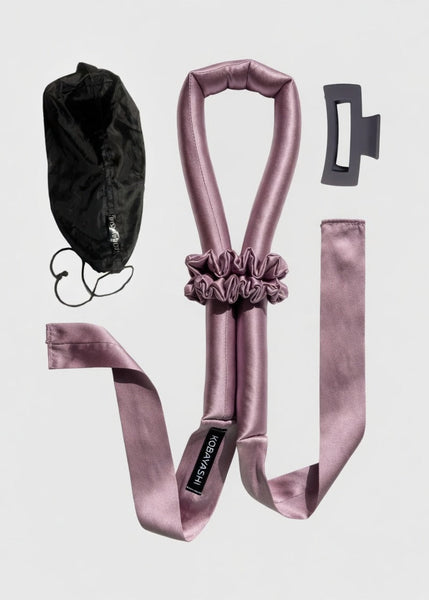 <img alt="zīda matu rulls lokotājs ar lentām mauve silk heatless curler"