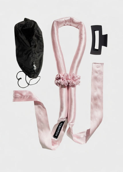 <img alt="rozā zīda matu rulls lokotājs ar lentām pink  silk heatless curler"