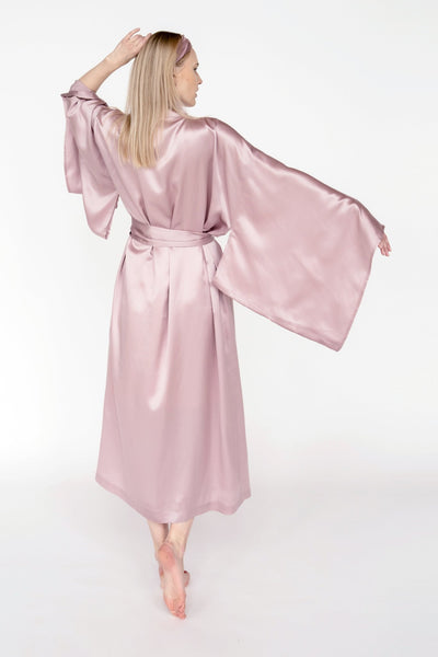 100% Mulberry Silk Kimono Robe – Handmade Luxury | One Size Fits Most/ Mauve pink