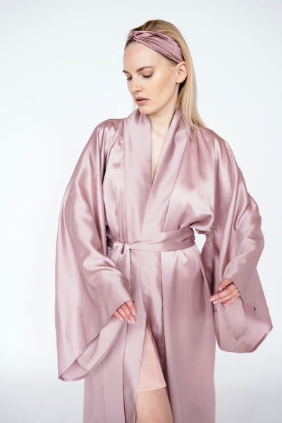 100% Mulberry Silk Kimono Robe – Handmade Luxury | One Size Fits Most/ Mauve pink