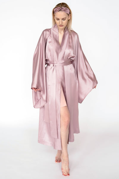 100% Mulberry Silk Kimono Robe – Handmade Luxury | One Size Fits Most/ Mauve pink