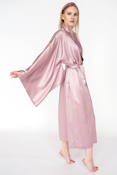 100% Mulberry Silk Kimono Robe – Handmade Luxury | One Size Fits Most/ Mauve pink