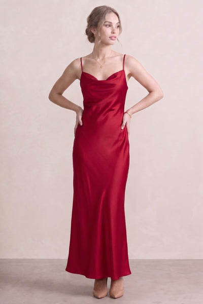Red Pure Mulberry Silk Slip Dress with Cowl Neck