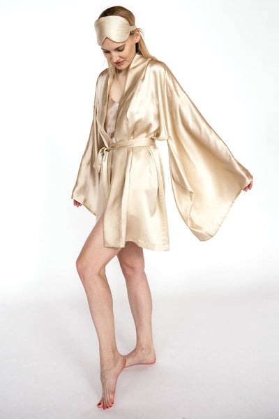 Short Mulberry silk kimono robe Champagne