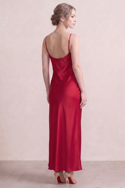 Red Pure Mulberry Silk Slip Dress with Cowl Neck